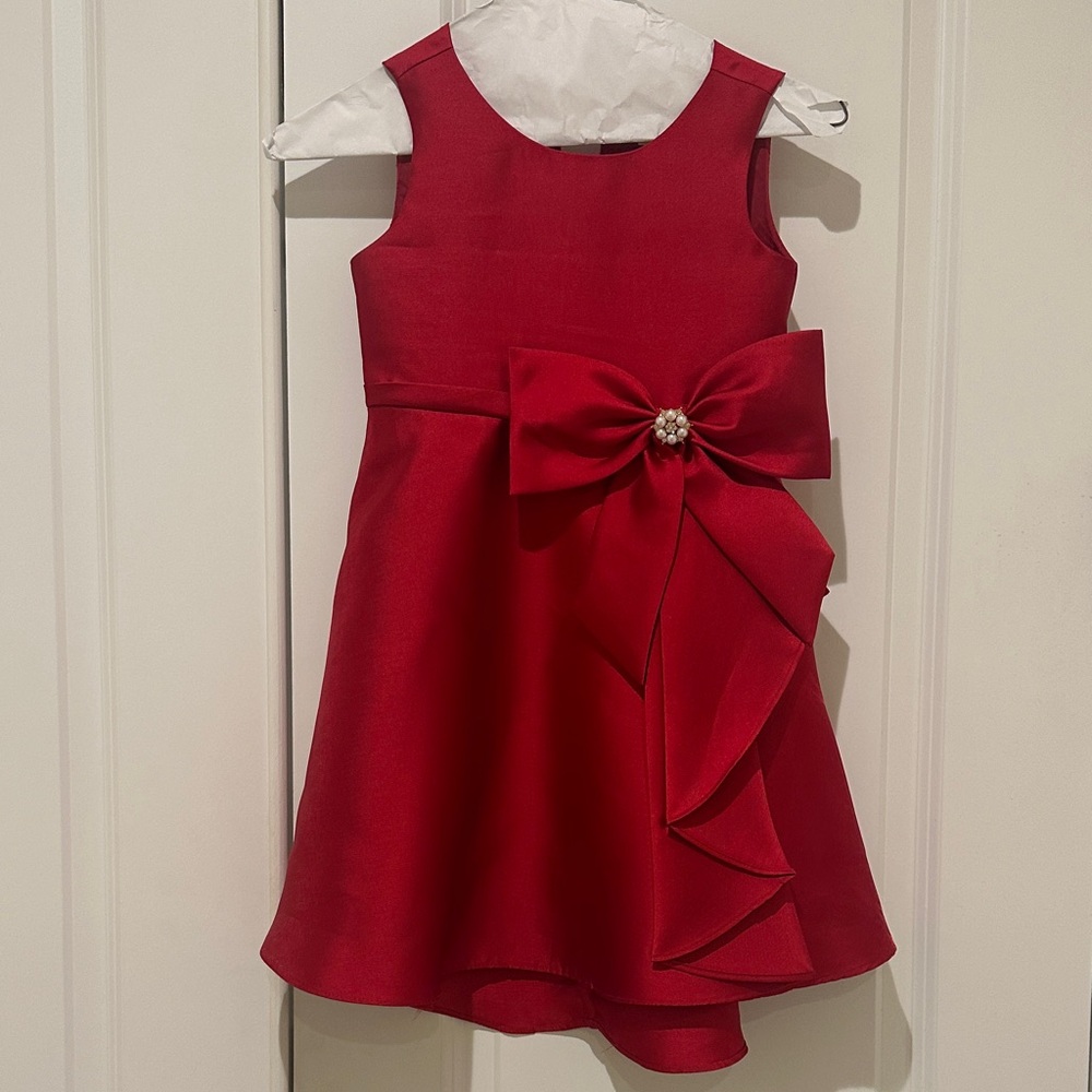 Rare Editions Solid Mikado Sleeveless Red Girls' Dress with Bow with Pockets